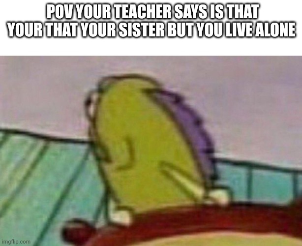 Hold up meme | POV YOUR TEACHER SAYS IS THAT YOUR THAT YOUR SISTER BUT YOU LIVE ALONE | image tagged in fish looking backwards | made w/ Imgflip meme maker