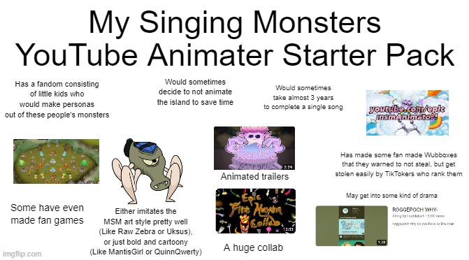 Big MSMTuber Starterpack | My Singing Monsters YouTube Animater Starter Pack; Would sometimes decide to not animate the island to save time; Has a fandom consisting of little kids who would make personas out of these people's monsters; Would sometimes take almost 3 years to complete a single song; Has made some fan made Wubboxes that they warned to not steal, but get stolen easily by TikTokers who rank them; Animated trailers; May get into some kind of drama; Some have even made fan games; Either imitates the MSM art style pretty well (Like Raw Zebra or Uksus), or just bold and cartoony (Like MantisGirl or QuinnQwerty); A huge collab | image tagged in starter pack,my singing monsters,msm,x starter pack,youtubers,youtube | made w/ Imgflip meme maker