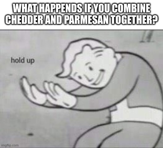 Fallout Hold Up | WHAT HAPPENS IF YOU COMBINE CHEDDAR AND PARMESAN TOGETHER? | image tagged in fallout hold up | made w/ Imgflip meme maker