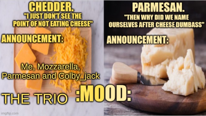Chedder.+ Parmesan.'s Temp | Me, Mozzarella, Parmesan and Colby_jack; THE TRIO | image tagged in chedder parmesan 's temp | made w/ Imgflip meme maker