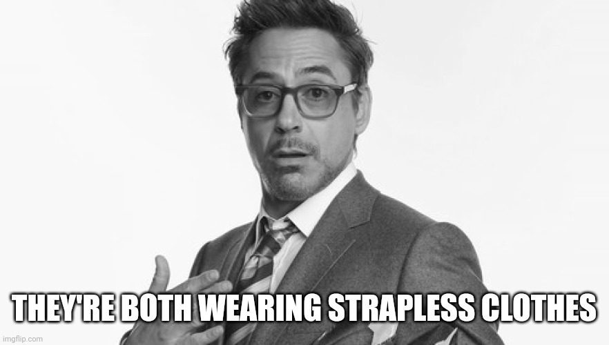 Robert Downey Jr's Comments | THEY'RE BOTH WEARING STRAPLESS CLOTHES | image tagged in robert downey jr's comments | made w/ Imgflip meme maker