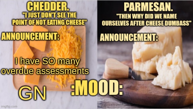 Chedder.+ Parmesan.'s Temp | I have SO many overdue assessments; GN | image tagged in chedder parmesan 's temp | made w/ Imgflip meme maker