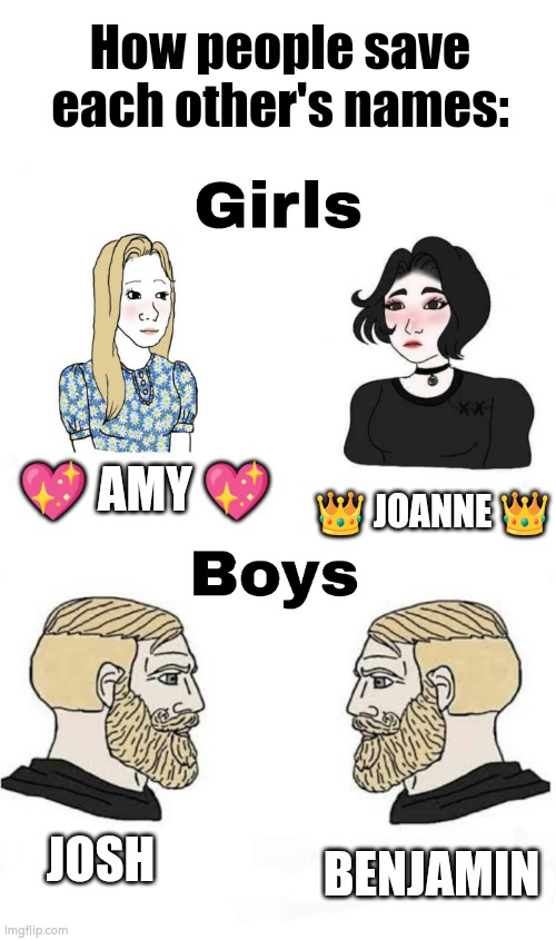 Girls vs Boys | How people save each other's names:; 💖 AMY 💖; 👑 JOANNE 👑; JOSH; BENJAMIN | image tagged in girls vs boys,numbers,phone,girls,boys,idk | made w/ Imgflip meme maker