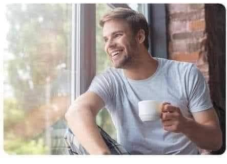 MAN WITH COFFEE SMILES OUT THE WINDOW Blank Meme Template