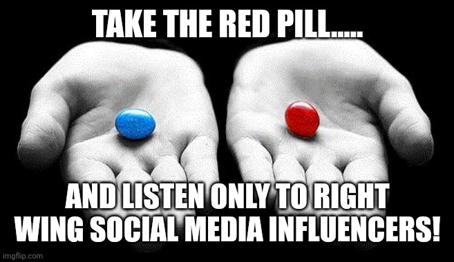 Red pill | TAKE THE RED PILL..... AND LISTEN ONLY TO RIGHT WING SOCIAL MEDIA INFLUENCERS! | image tagged in red pills blue pills,conservative,republican,democrat,liberal,red pill | made w/ Imgflip meme maker