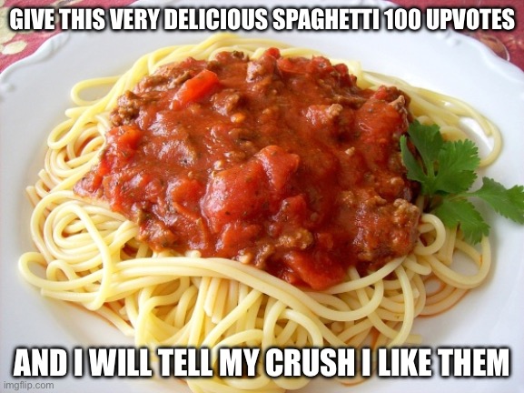 No, why would I be upvote begging? | GIVE THIS VERY DELICIOUS SPAGHETTI 100 UPVOTES; AND I WILL TELL MY CRUSH I LIKE THEM | image tagged in spaghetti | made w/ Imgflip meme maker