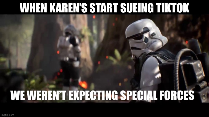 We weren't expecting special forces | WHEN KAREN’S START SUEING TIKTOK; WE WEREN’T EXPECTING SPECIAL FORCES | image tagged in we weren't expecting special forces | made w/ Imgflip meme maker
