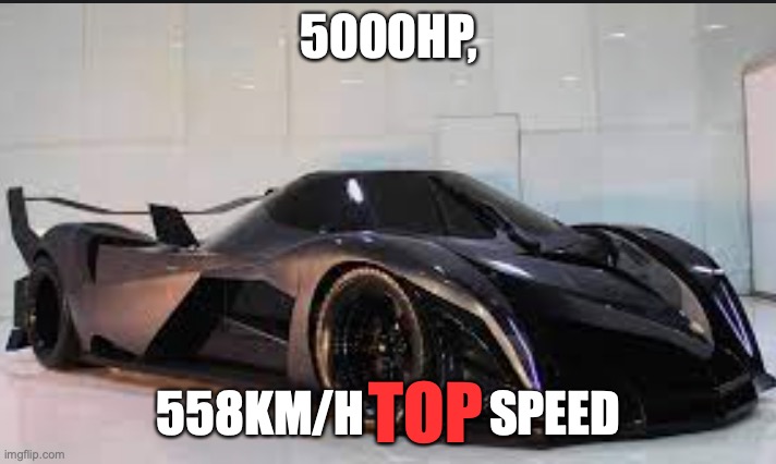Yeaaaaaa boiiiiiiiiiiiiiiiiiii lesssss goooooooooo | 5000HP, 558KM/H             SPEED; TOP | image tagged in badass car,devel16,556kmh,fastest,cool,slick | made w/ Imgflip meme maker