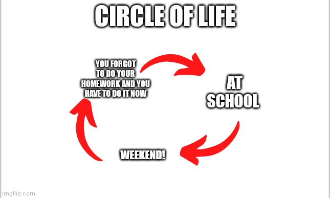 white background | CIRCLE OF LIFE; AT SCHOOL; YOU FORGOT TO DO YOUR HOMEWORK AND YOU HAVE TO DO IT NOW; WEEKEND! | image tagged in white background | made w/ Imgflip meme maker