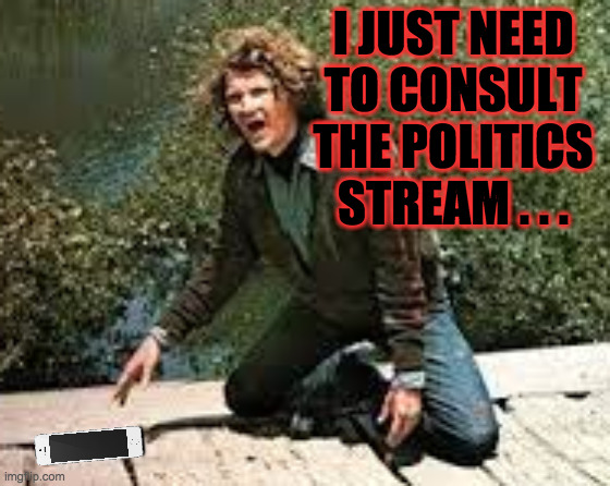 I JUST NEED TO CONSULT THE POLITICS STREAM . . . | made w/ Imgflip meme maker
