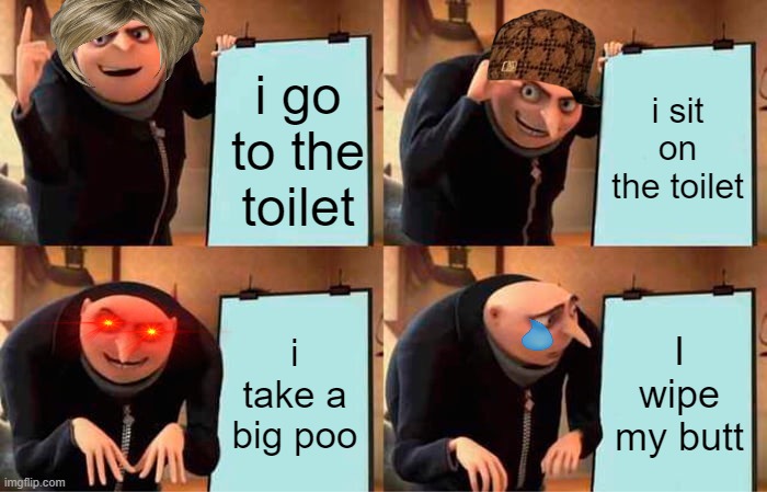 Gru's Plan | i go to the toilet; i sit on the toilet; i take a big poo; I wipe my butt | image tagged in memes,gru's plan | made w/ Imgflip meme maker