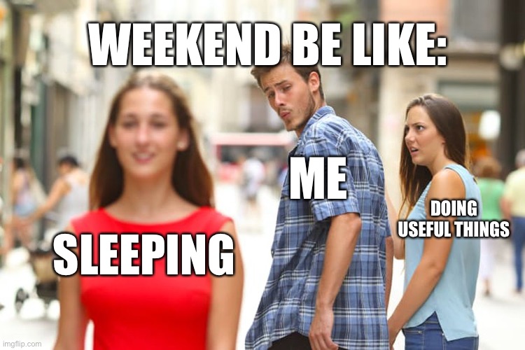 Weekend | WEEKEND BE LIKE:; ME; DOING USEFUL THINGS; SLEEPING | image tagged in memes,distracted boyfriend | made w/ Imgflip meme maker