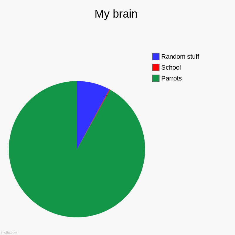 Me | My brain | Parrots, School, Random stuff | image tagged in charts,pie charts | made w/ Imgflip chart maker