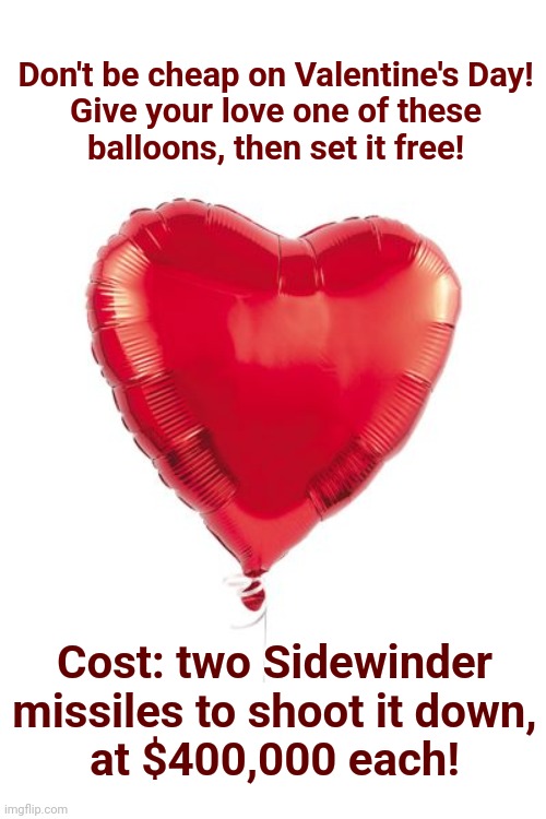 "Team Biden" vs the "metallic object" over Lake Huron that was blown into nothing | Don't be cheap on Valentine's Day!
Give your love one of these
balloons, then set it free! Cost: two Sidewinder
missiles to shoot it down,
at $400,000 each! | image tagged in memes,balloons,mystery,joe biden,team biden,incompetence | made w/ Imgflip meme maker