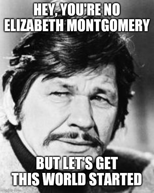 Charles Bronson wisdom | HEY, YOU'RE NO ELIZABETH MONTGOMERY BUT LET'S GET THIS WORLD STARTED | image tagged in charles bronson wisdom | made w/ Imgflip meme maker