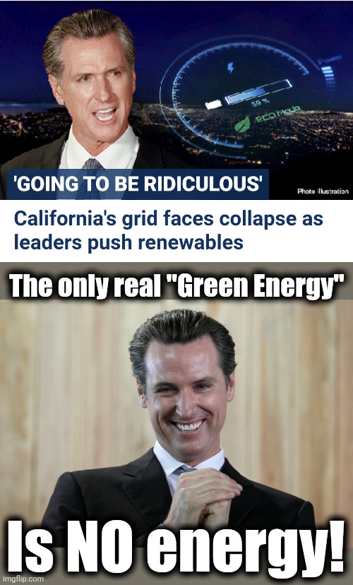 Let's take California insanity nationwide! | The only real "Green Energy"; Is NO energy! | image tagged in scheming gavin newsom,memes,green energy,democrats,electric grid | made w/ Imgflip meme maker