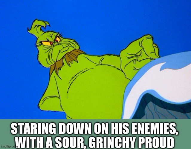 Angry Grinch | STARING DOWN ON HIS ENEMIES, WITH A SOUR, GRINCHY PROUD | image tagged in angry grinch | made w/ Imgflip meme maker