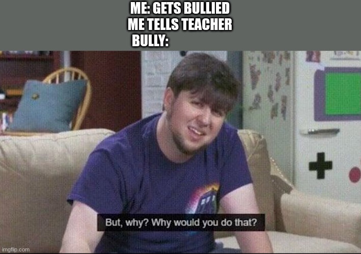 relate? | ME: GETS BULLIED
ME TELLS TEACHER
BULLY: | image tagged in but why why would you do that | made w/ Imgflip meme maker