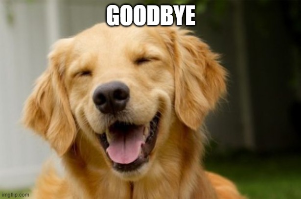 Doggy Smile | GOODBYE | image tagged in doggy smile | made w/ Imgflip meme maker