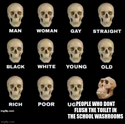 honestly tho :/ | PEOPLE WHO DONT FLUSH THE TOILET IN THE SCHOOL WASHROOMS | image tagged in idiot skull | made w/ Imgflip meme maker