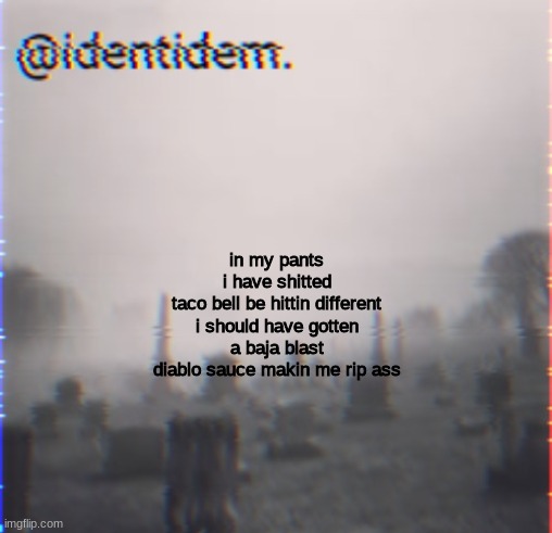 hjbl | in my pants
i have shitted
taco bell be hittin different
i should have gotten
a baja blast
diablo sauce makin me rip ass | made w/ Imgflip meme maker