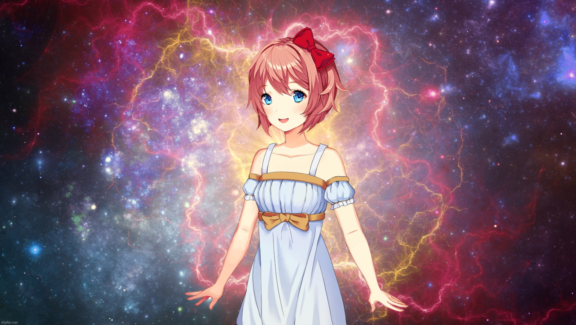 Custom dialogue link in comments | image tagged in sayori supernova | made w/ Imgflip meme maker