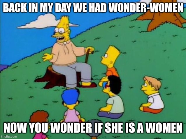 Back in my day | BACK IN MY DAY WE HAD WONDER-WOMEN; NOW YOU WONDER IF SHE IS A WOMEN | image tagged in back in my day | made w/ Imgflip meme maker