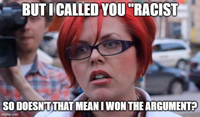 Angry Feminist | BUT I CALLED YOU "RACIST SO DOESN'T THAT MEAN I WON THE ARGUMENT? | image tagged in angry feminist | made w/ Imgflip meme maker
