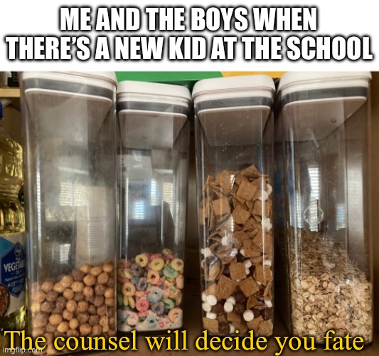 ME AND THE BOYS WHEN THERE’S A NEW KID AT THE SCHOOL; The counsel will decide you fate | image tagged in cereal counsel,new kid,the boys | made w/ Imgflip meme maker