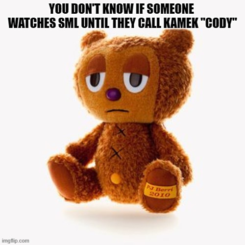 Pj plush | YOU DON'T KNOW IF SOMEONE  WATCHES SML UNTIL THEY CALL KAMEK "CODY" | image tagged in pj plush | made w/ Imgflip meme maker
