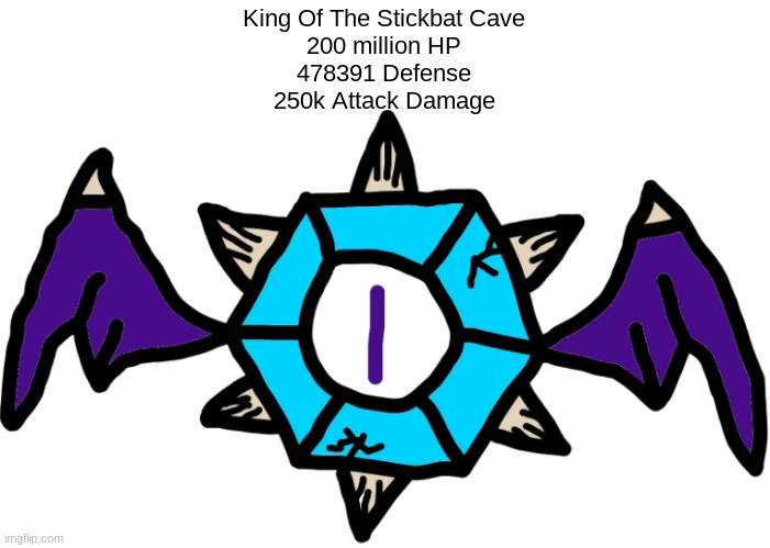 the 3rd stickmania boss (his stats get weakened with every crystal you destroy) | King Of The Stickbat Cave
200 million HP
478391 Defense
250k Attack Damage | made w/ Imgflip meme maker