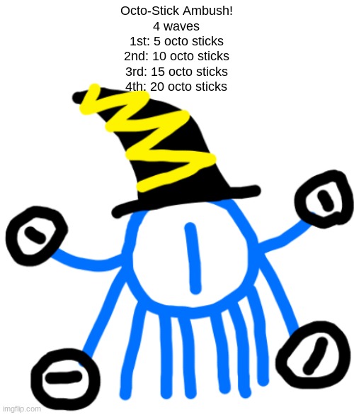 You encounter a mage during your journey, he summons octo-sticks to fight you until he runs out of mana (4th boss) | Octo-Stick Ambush!
4 waves
1st: 5 octo sticks
2nd: 10 octo sticks
3rd: 15 octo sticks
4th: 20 octo sticks | made w/ Imgflip meme maker