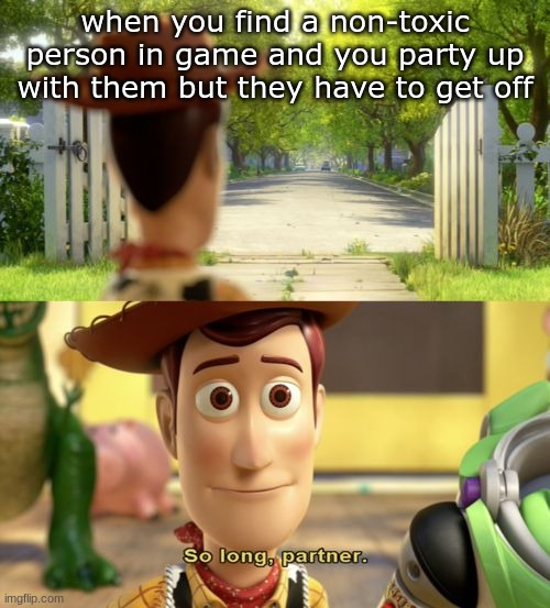 So long partner | when you find a non-toxic person in game and you party up with them but they have to get off | image tagged in so long partner | made w/ Imgflip meme maker