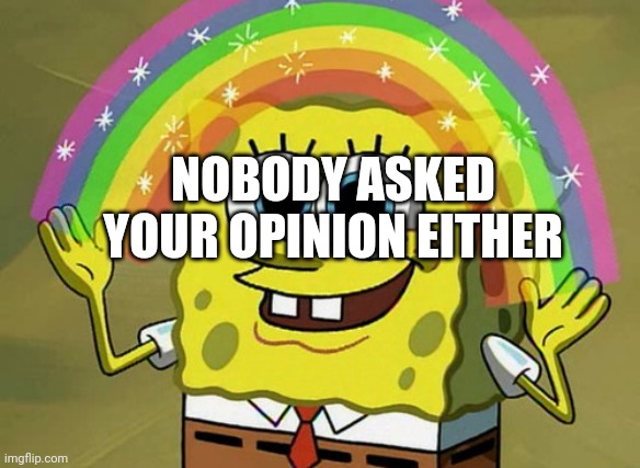 Imagination Spongebob | NOBODY ASKED YOUR OPINION EITHER | image tagged in memes,imagination spongebob | made w/ Imgflip meme maker