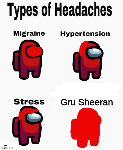 Among us types of headaches | Holy shit Gru Sheeran | image tagged in among us types of headaches | made w/ Imgflip meme maker