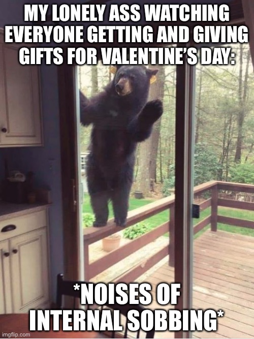 This is me rn and I hate it… | MY LONELY ASS WATCHING EVERYONE GETTING AND GIVING GIFTS FOR VALENTINE’S DAY:; *NOISES OF INTERNAL SOBBING* | image tagged in bear looking in window,depression,lonely | made w/ Imgflip meme maker