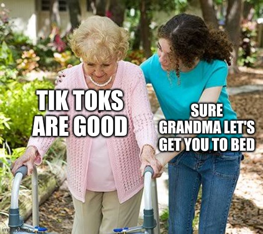 Sure grandma let's get you to bed | TIK TOKS ARE GOOD; SURE GRANDMA LET'S GET YOU TO BED | image tagged in sure grandma let's get you to bed | made w/ Imgflip meme maker