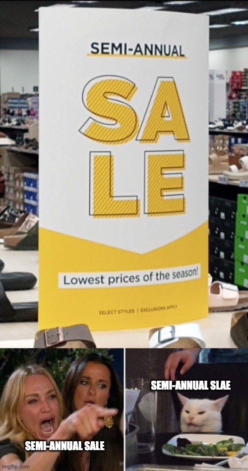 I saw this sign in a store and instantly thought "Yep, that's a meme." | SEMI-ANNUAL SLAE; SEMI-ANNUAL SALE | image tagged in sale or slae,woman yelling at cat,slae,fun,random tag i decided to put | made w/ Imgflip meme maker