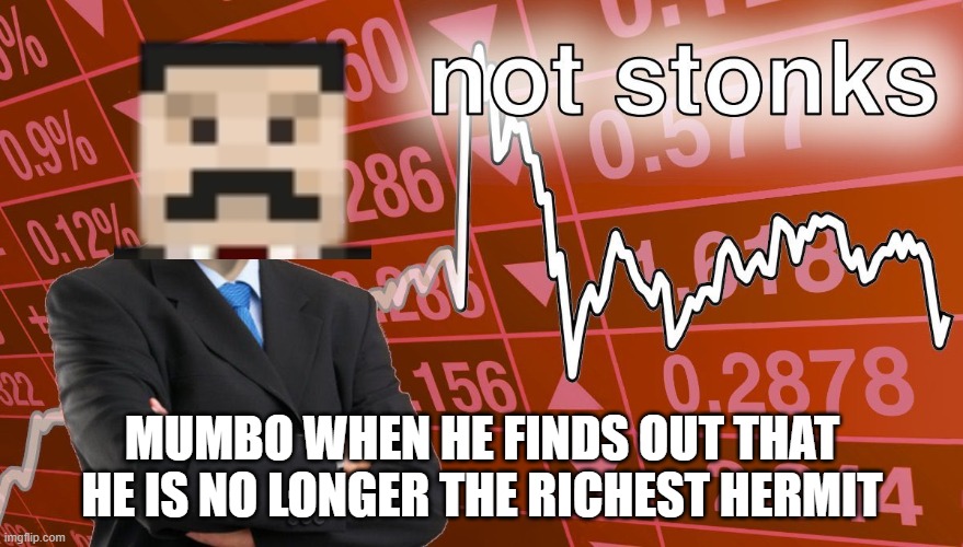not stonks | MUMBO WHEN HE FINDS OUT THAT HE IS NO LONGER THE RICHEST HERMIT | image tagged in not stonks,mumbo jumbo,sad | made w/ Imgflip meme maker