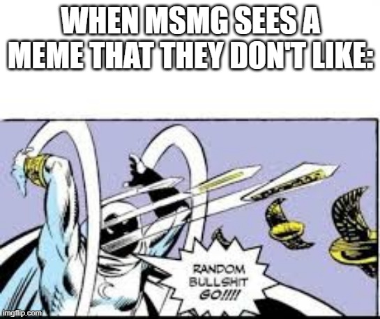 . | WHEN MSMG SEES A MEME THAT THEY DON'T LIKE: | image tagged in random bullshit go | made w/ Imgflip meme maker