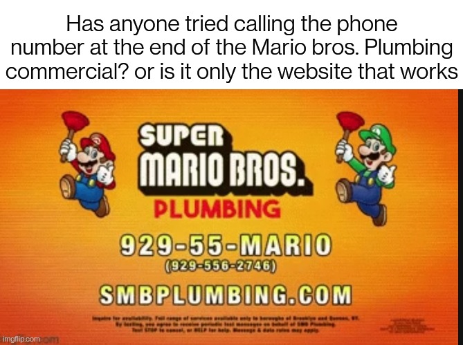 Has anyone tried calling the phone number at the end of the Mario bros. Plumbing commercial? or is it only the website that works | made w/ Imgflip meme maker