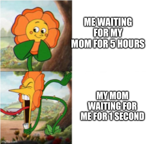 reverse cuphead flower | ME WAITING FOR MY MOM FOR 5 HOURS; MY MOM WAITING FOR ME FOR 1 SECOND | image tagged in reverse cuphead flower,memes,waiting | made w/ Imgflip meme maker