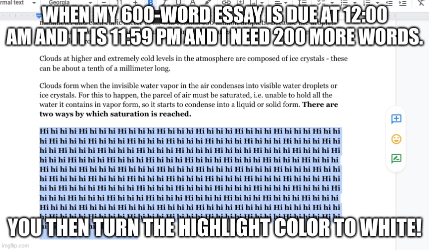 how I complete my essay last min. | WHEN MY 600-WORD ESSAY IS DUE AT 12:00 AM AND IT IS 11:59 PM AND I NEED 200 MORE WORDS. YOU THEN TURN THE HIGHLIGHT COLOR TO WHITE! | image tagged in funny,school | made w/ Imgflip meme maker