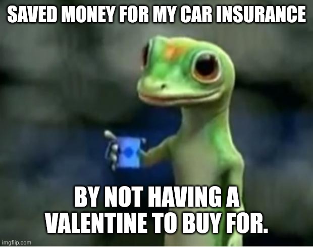 Geico Gecko | SAVED MONEY FOR MY CAR INSURANCE; BY NOT HAVING A VALENTINE TO BUY FOR. | image tagged in geico gecko | made w/ Imgflip meme maker