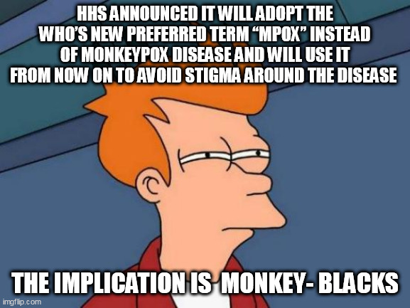 Futurama Fry | HHS ANNOUNCED IT WILL ADOPT THE WHO’S NEW PREFERRED TERM “MPOX” INSTEAD OF MONKEYPOX DISEASE AND WILL USE IT FROM NOW ON TO AVOID STIGMA AROUND THE DISEASE; THE IMPLICATION IS  MONKEY- BLACKS | image tagged in memes,futurama fry | made w/ Imgflip meme maker