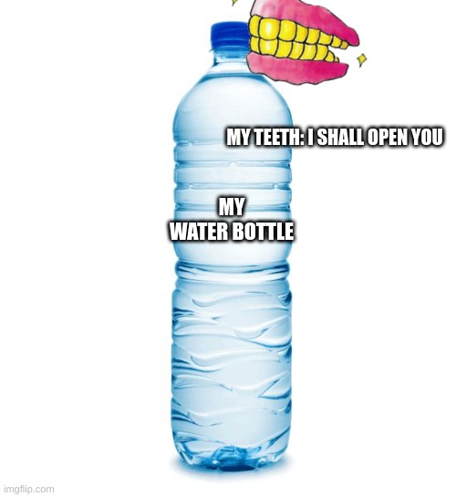 water bottle  | MY TEETH: I SHALL OPEN YOU; MY WATER BOTTLE | image tagged in water bottle | made w/ Imgflip meme maker