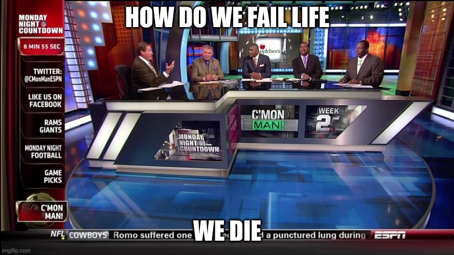 Life kinda suck idk | HOW DO WE FAIL LIFE; WE DIE | image tagged in nfl c mon man | made w/ Imgflip meme maker