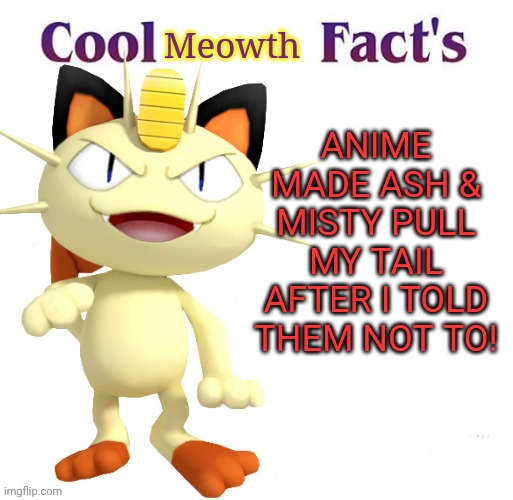 Meowth the anti anime cat | Meowth; ANIME MADE ASH & MISTY PULL MY TAIL AFTER I TOLD THEM NOT TO! | image tagged in meowth,anti anime,cat,stop it get some help | made w/ Imgflip meme maker