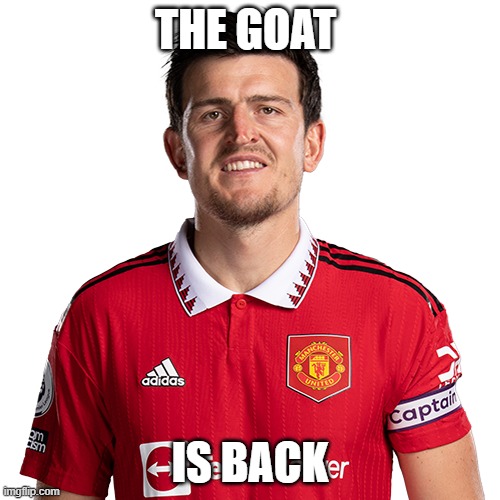 the goat | THE GOAT; IS BACK | image tagged in harry maguire | made w/ Imgflip meme maker
