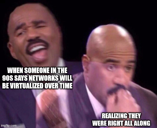 Steve Harvey Laughing Serious | WHEN SOMEONE IN THE 90S SAYS NETWORKS WILL BE VIRTUALIZED OVER TIME; REALIZING THEY WERE RIGHT ALL ALONG | image tagged in steve harvey laughing serious | made w/ Imgflip meme maker